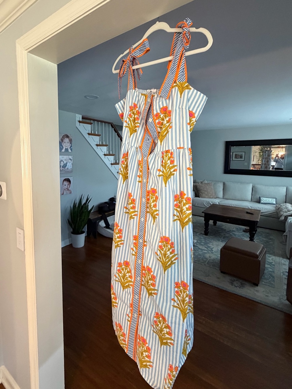 THML White, Blue & Orange Floral Stripe Maxi Dress